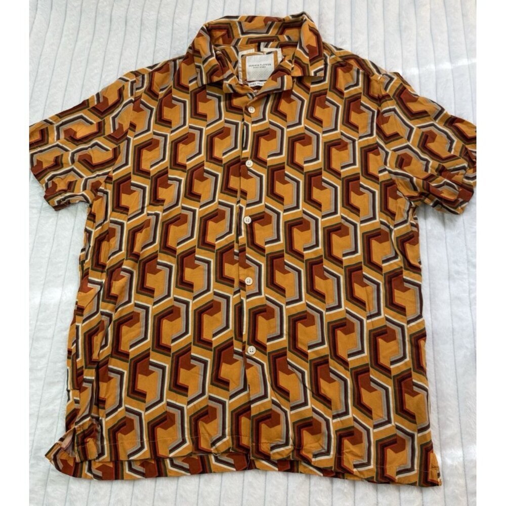 Denim & Flower Ricky Singh Orange Button-Up Hexagon Geometric Shirt SZ Large